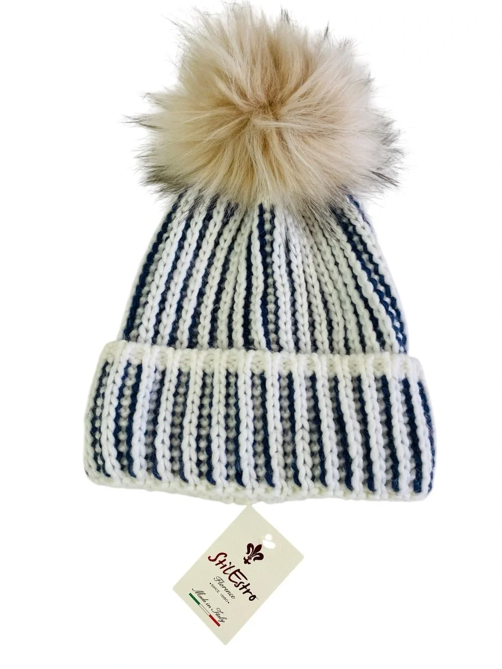 Stil Estro Thick Striped Knit Beanie W/ Pom